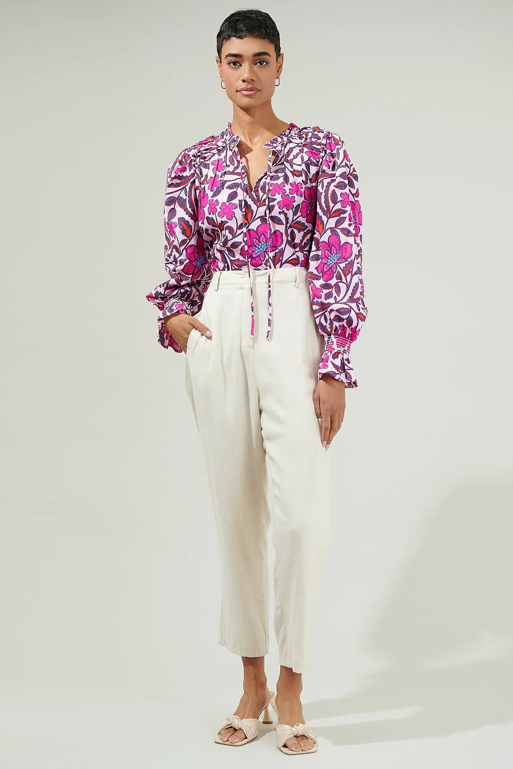 Aubrey Floral Russo Pleated Long Sleeve Blouse