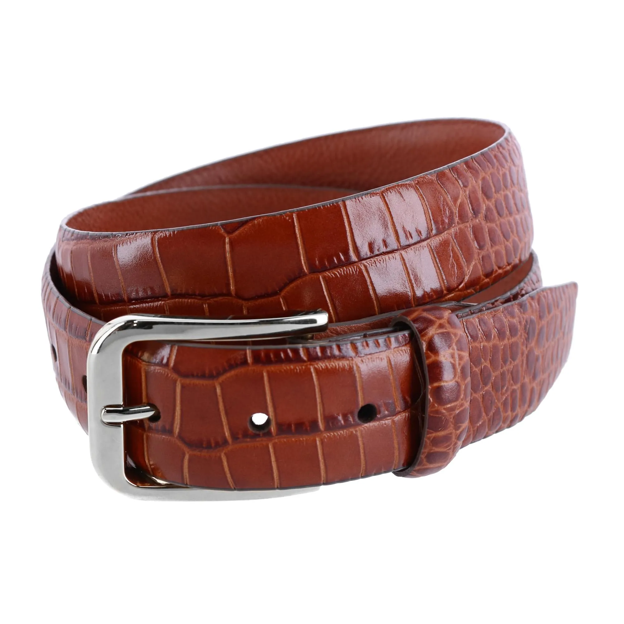 Big & Tall Leather Mock Crocodile Print Belt with Silver Buckle