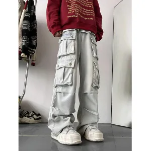 BONSIR  -  Light Blue Cargo Jeans Men's Patchwork Straight Casual Trousers Men Muti-pockets Hip Hop Streetwear Loose Fashion Pants