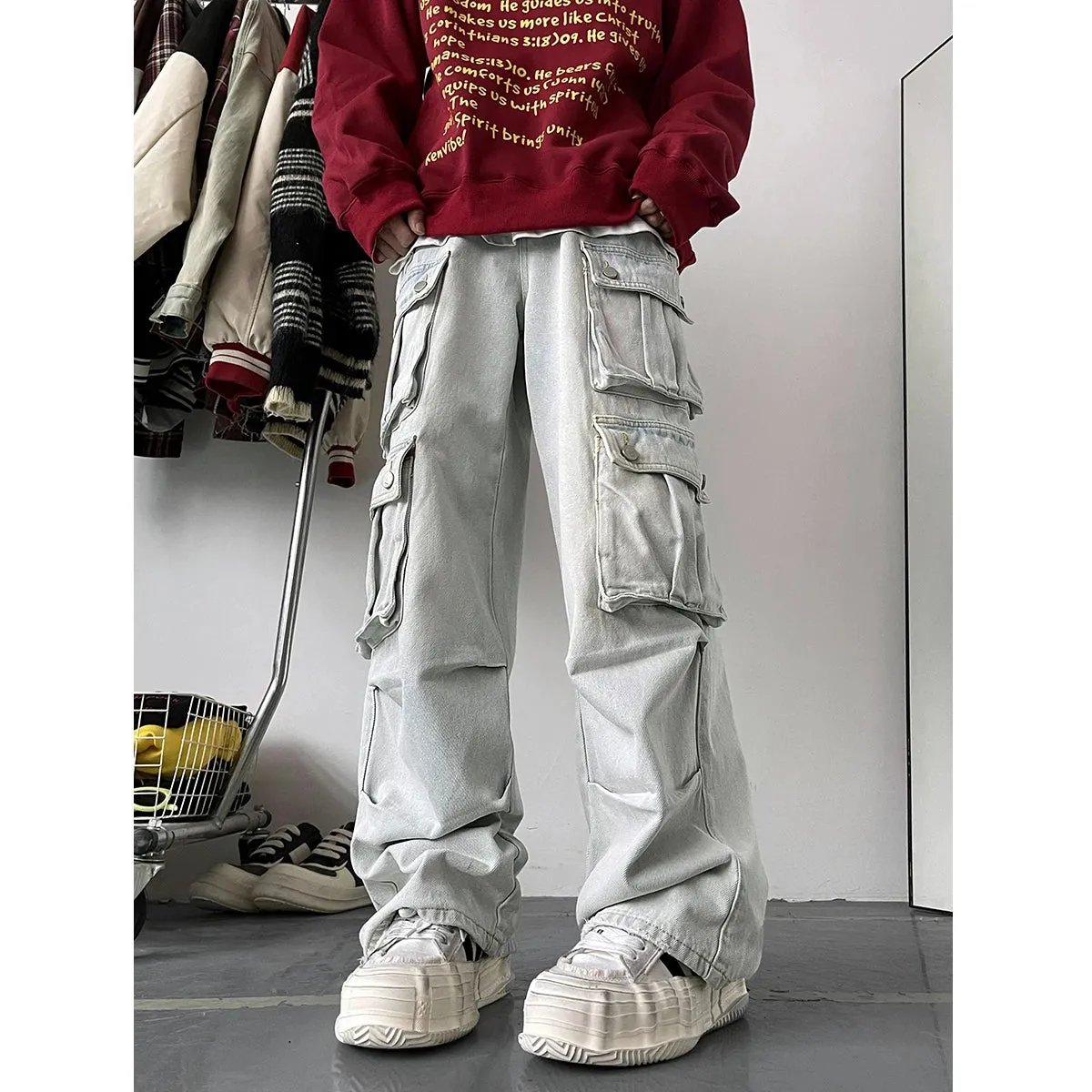 BONSIR  -  Light Blue Cargo Jeans Men's Patchwork Straight Casual Trousers Men Muti-pockets Hip Hop Streetwear Loose Fashion Pants