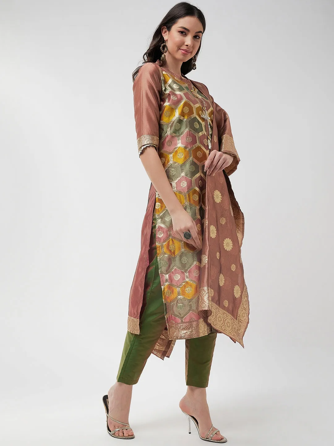 Brocade Jacquard Festive Kurta With Dupatta And Matching Pants