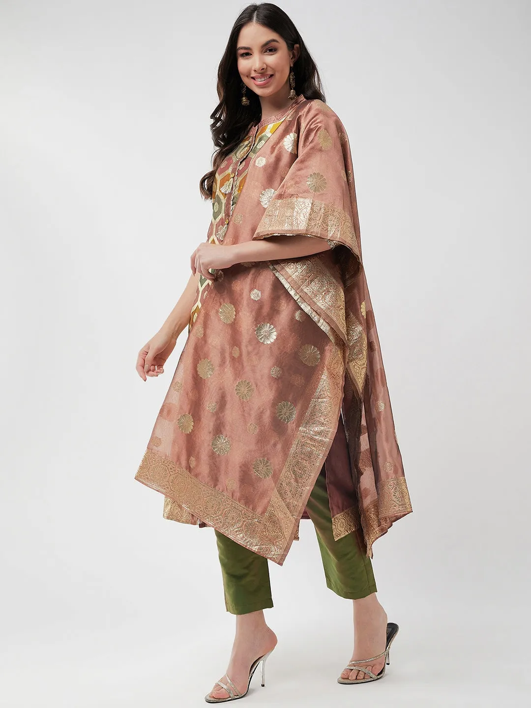 Brocade Jacquard Festive Kurta With Dupatta And Matching Pants