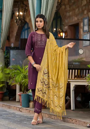 Burgundy Zari Embroidered Chinon Kurta Pant And Dupatta Set With Zari Work & Beads