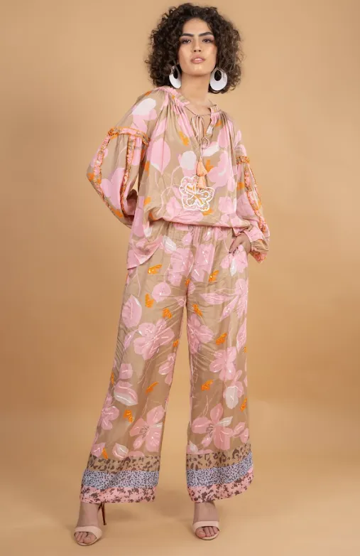 Camel Flower Palazzo Pants