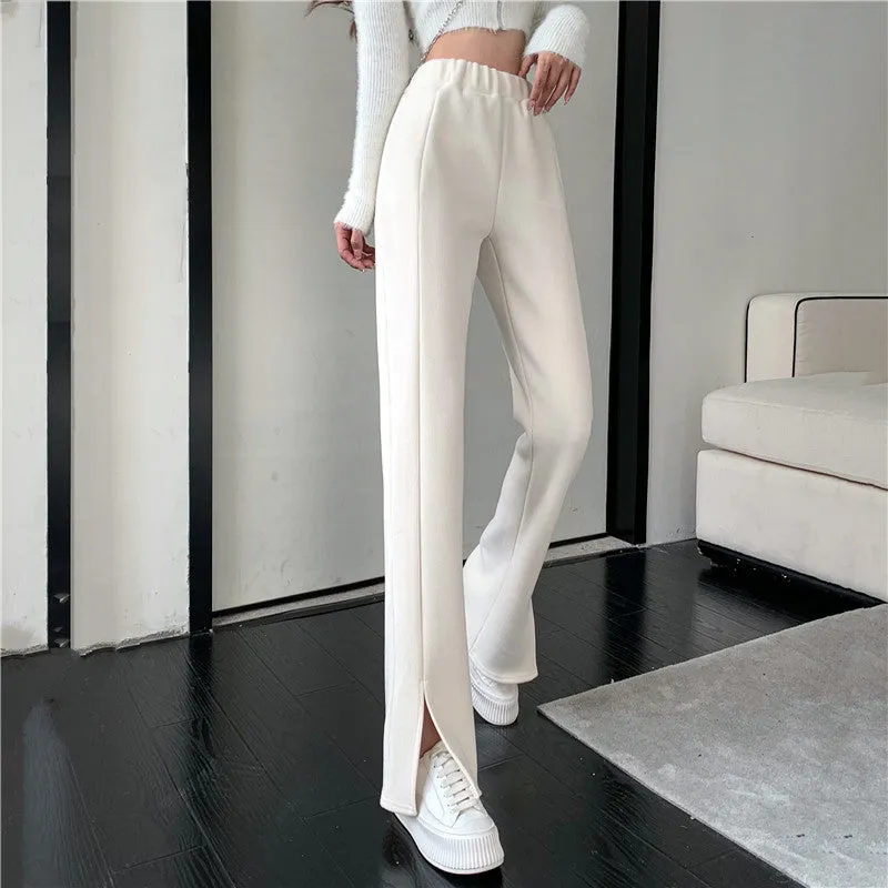 Causual Chic Black Pink White Comfy Velvet Long Wide Leg Gathered Waist Pants