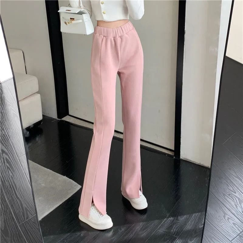 Causual Chic Black Pink White Comfy Velvet Long Wide Leg Gathered Waist Pants