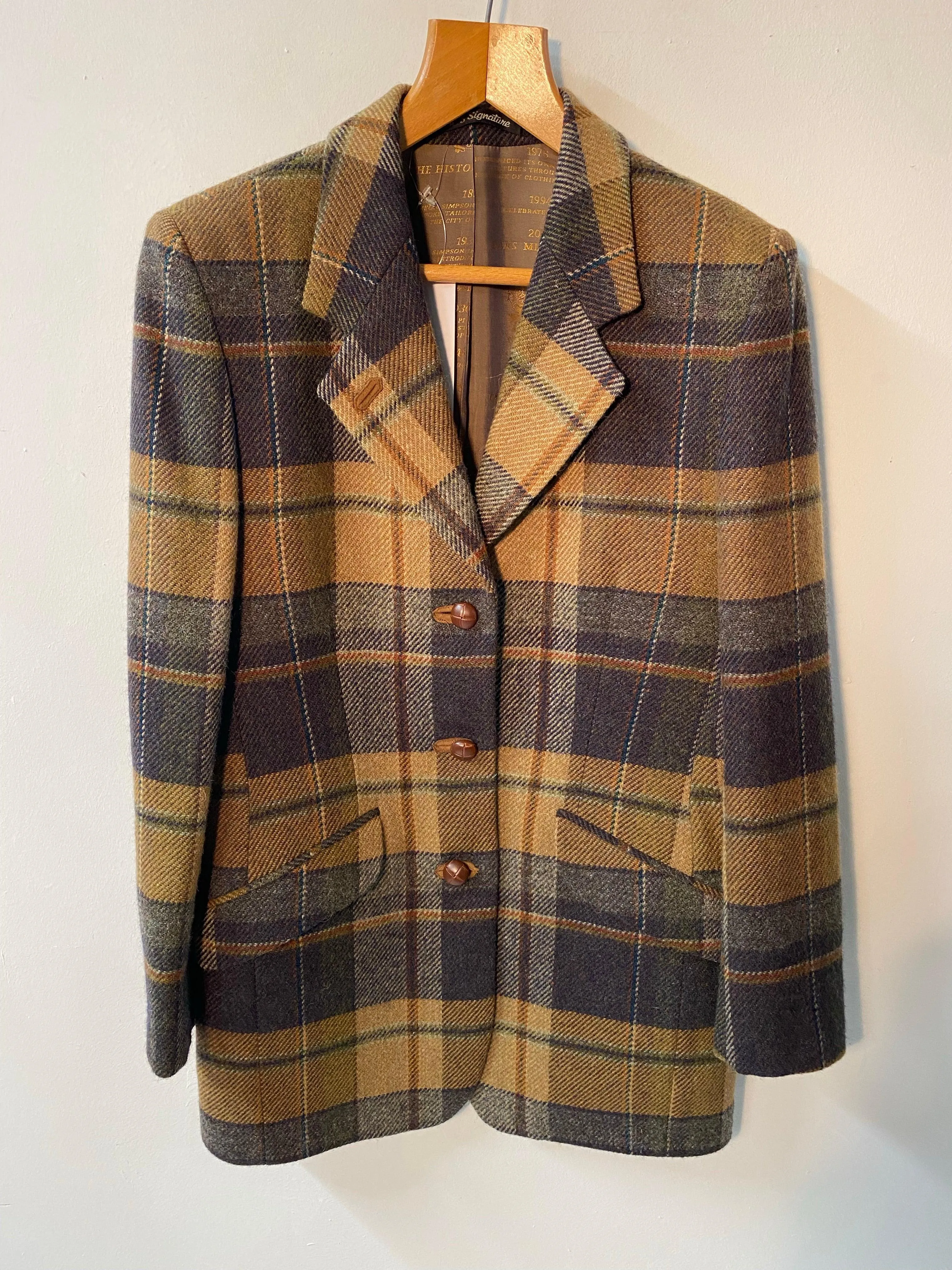 Daks Jacket Check Wool and Mohair Mix with Leather Covered Buttons UK Size 12