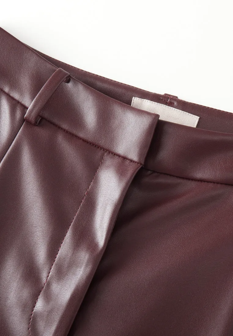 Dark Red Vegan Leather Wide Leg Pants