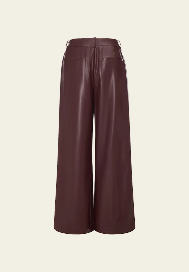 Dark Red Vegan Leather Wide Leg Pants