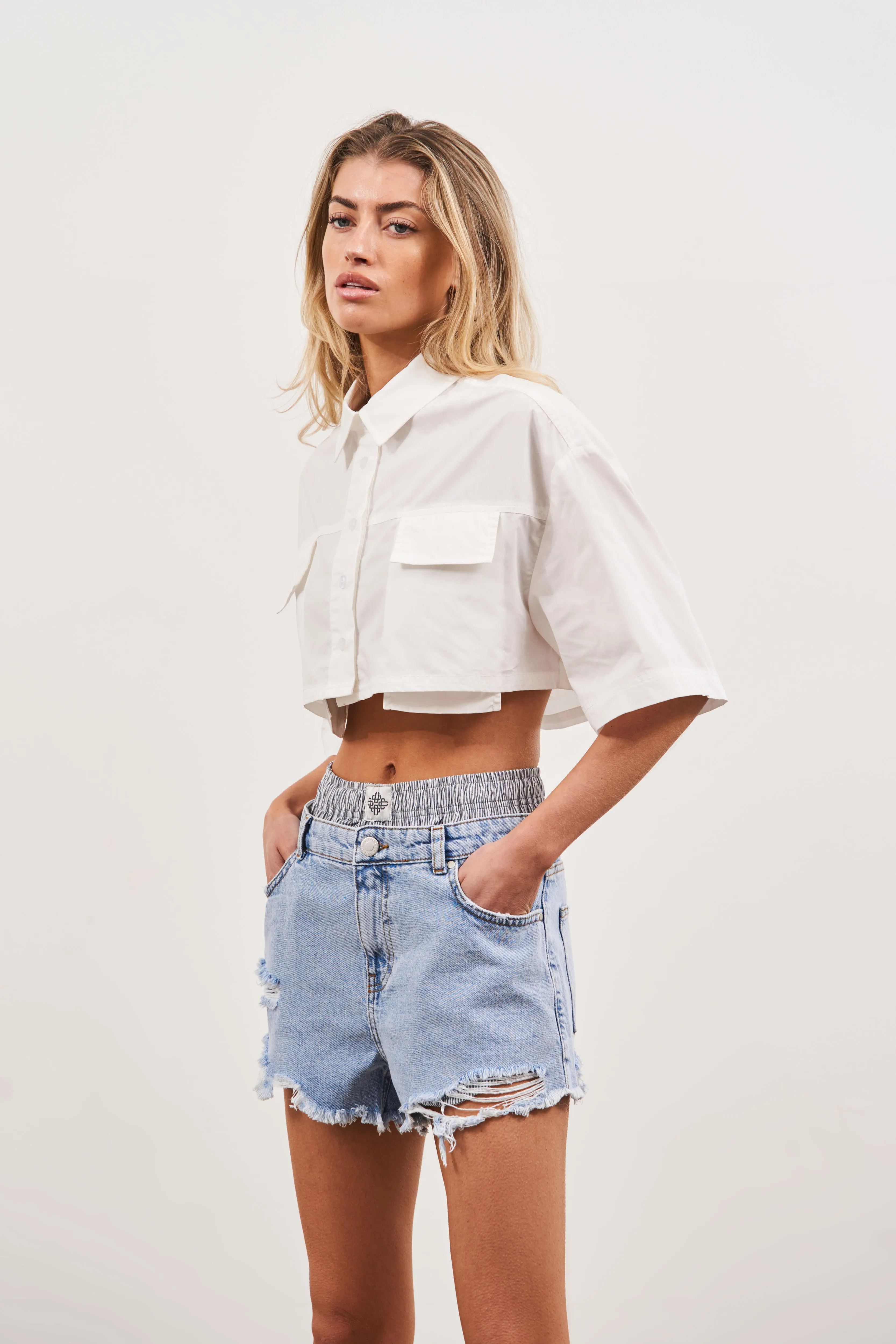 DOUBLE LAYER BOXER DENIM SHORTS - BLUE WASH