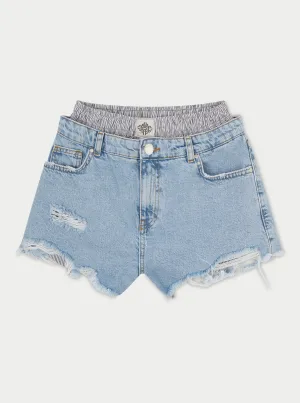 DOUBLE LAYER BOXER DENIM SHORTS - BLUE WASH