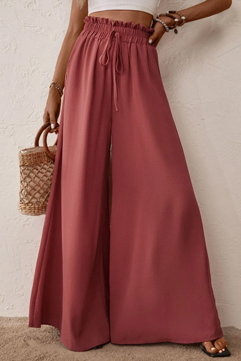 Elegant Resort Pants, Paperbag Waist Wide Leg Vacation Pants