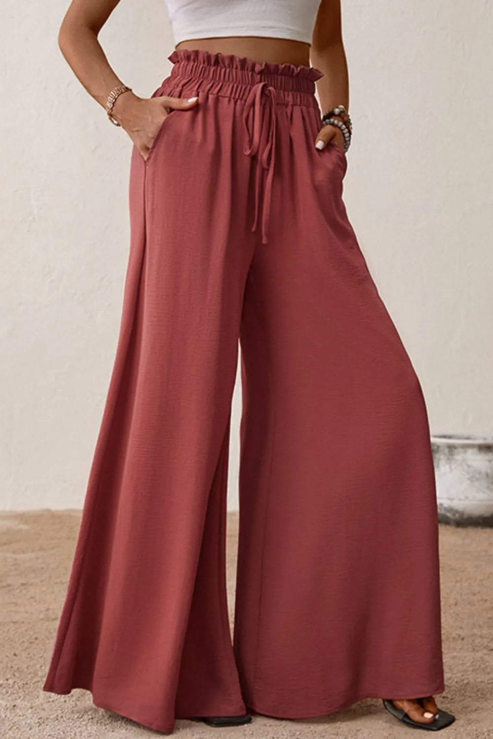 Elegant Resort Pants, Paperbag Waist Wide Leg Vacation Pants