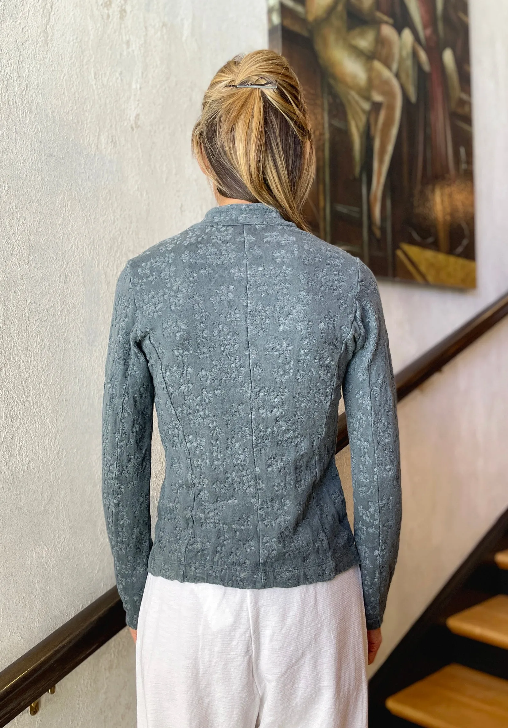 Floral Cotton Linen Jacquard Knitted Jacket - Blue