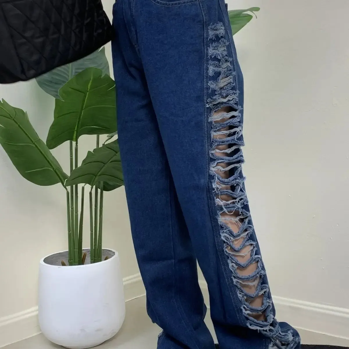 Girlary Blue denim women pants 2024 summer street fashion hollow flap openwork wide-leg straight jeans pants