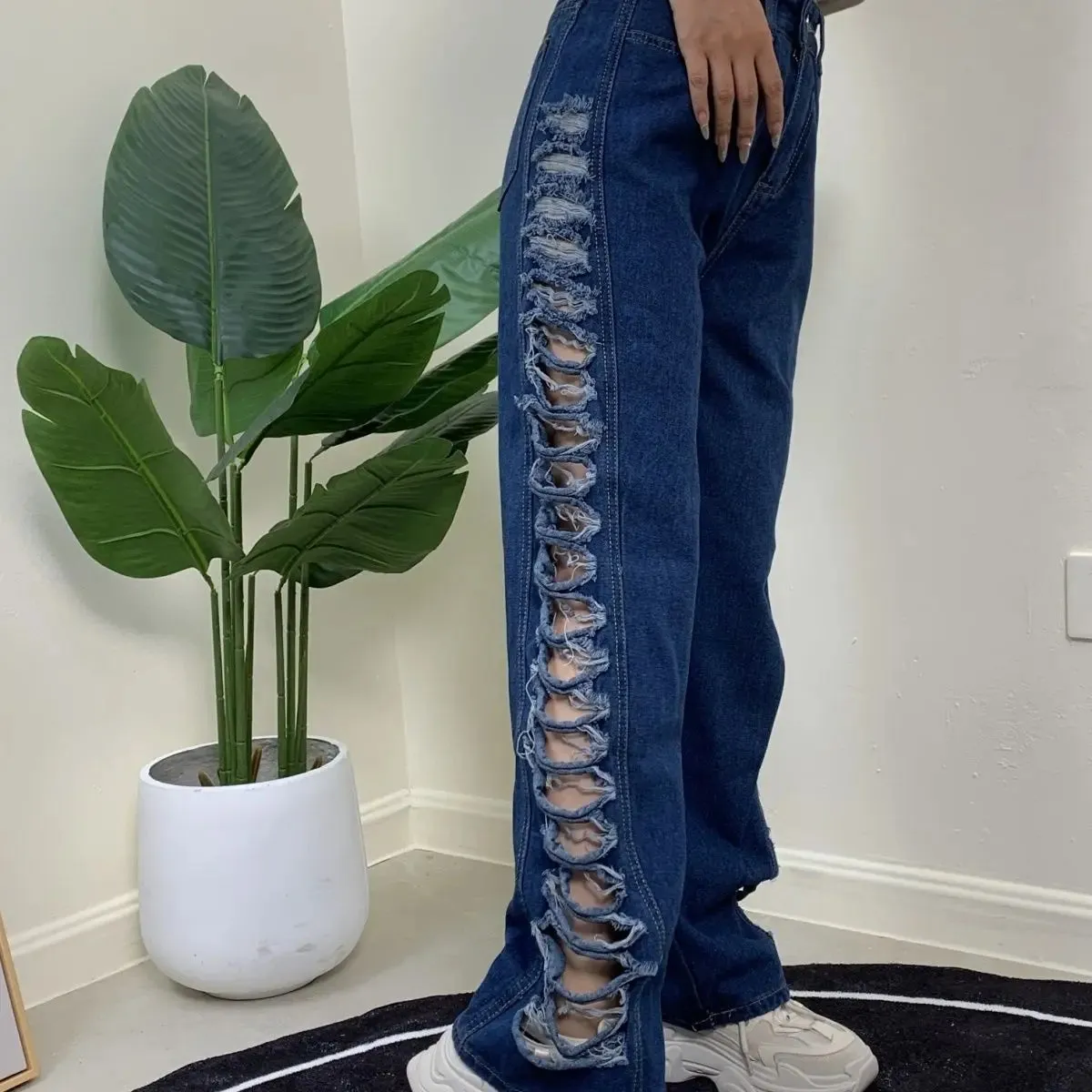 Girlary Blue denim women pants 2024 summer street fashion hollow flap openwork wide-leg straight jeans pants