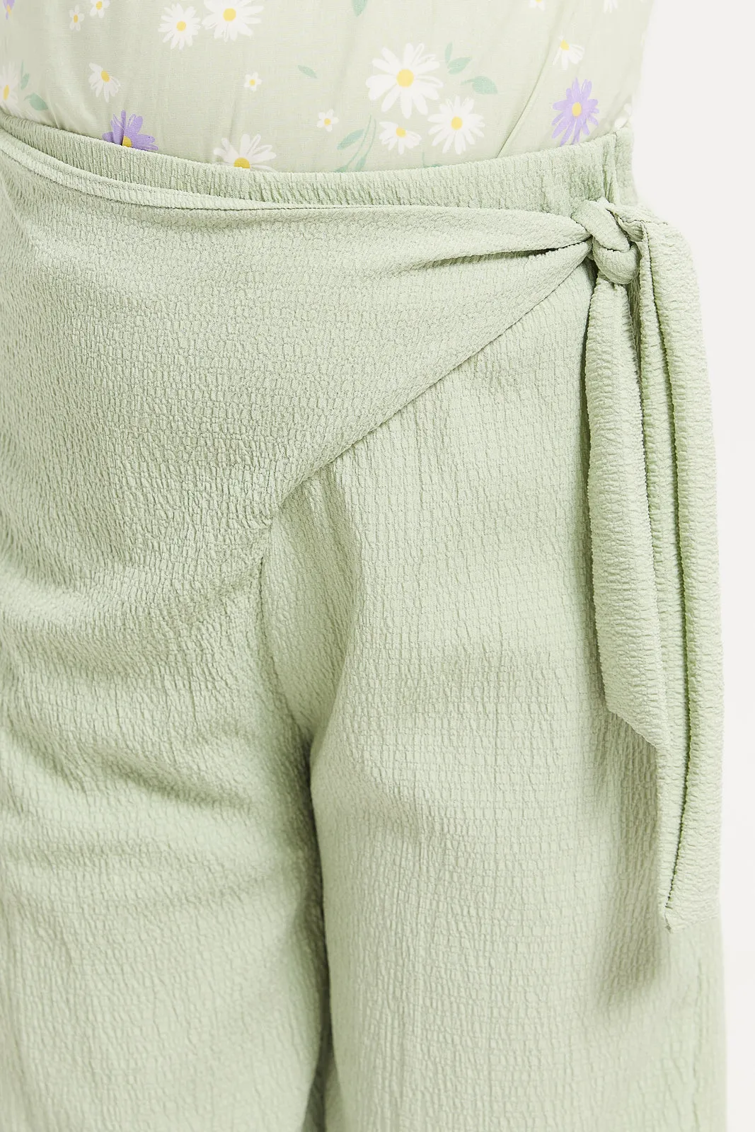 Girls Green Textured Wide Leg Trouser