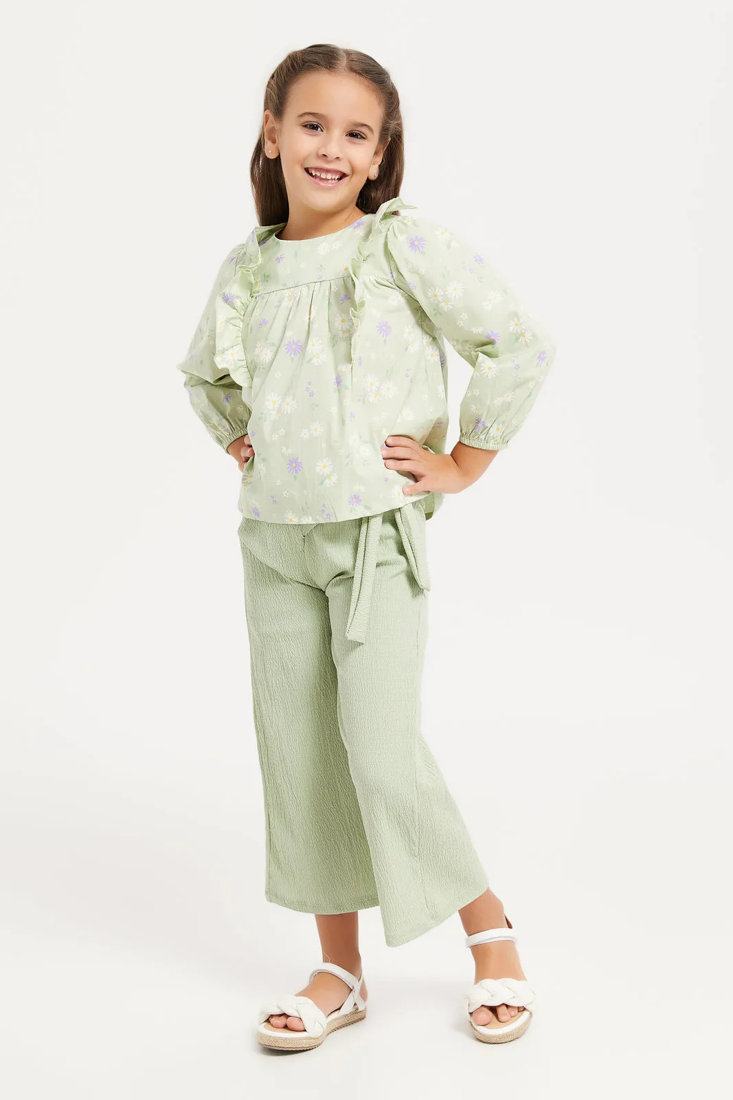 Girls Green Textured Wide Leg Trouser