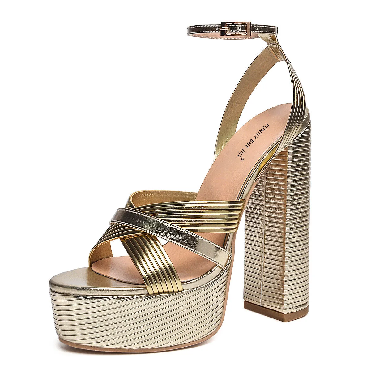 Gold Ankle Strap Open Round Toe Sandals Platform Chunky Heels