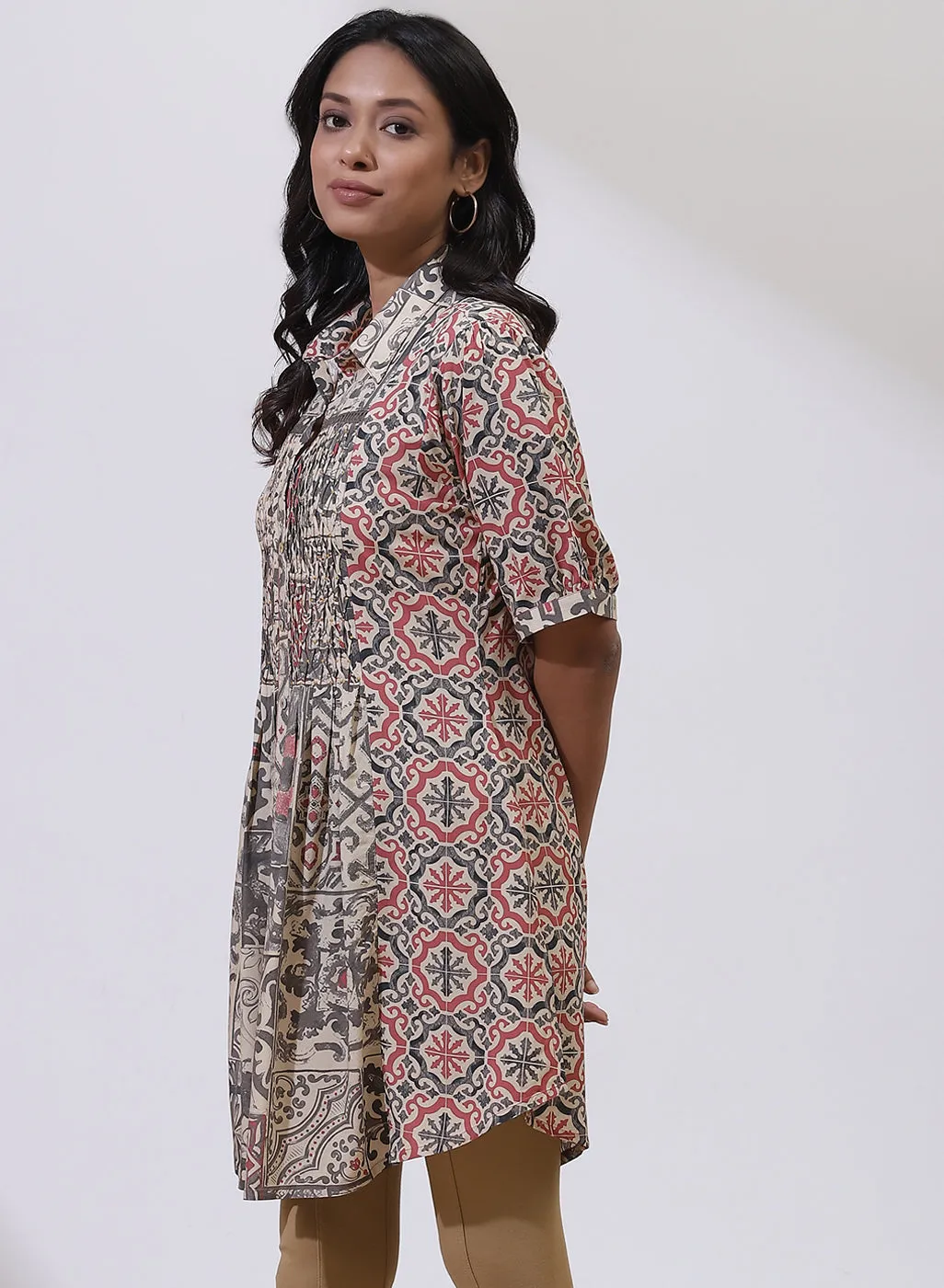 Grey Printed Tunic with Smocking Detail