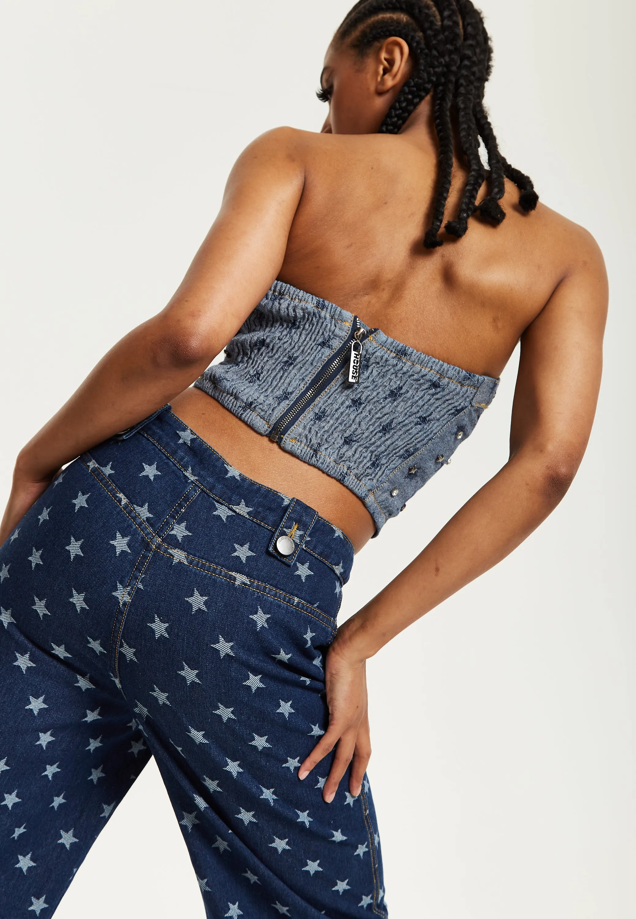 House of Holland Star Print Grey Denim Bandeau Top