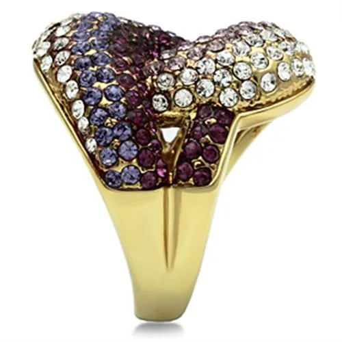 IP Gold(Ion Plating) Brass Ring with Top Grade Crystal in Multi Color for Women Style GL306