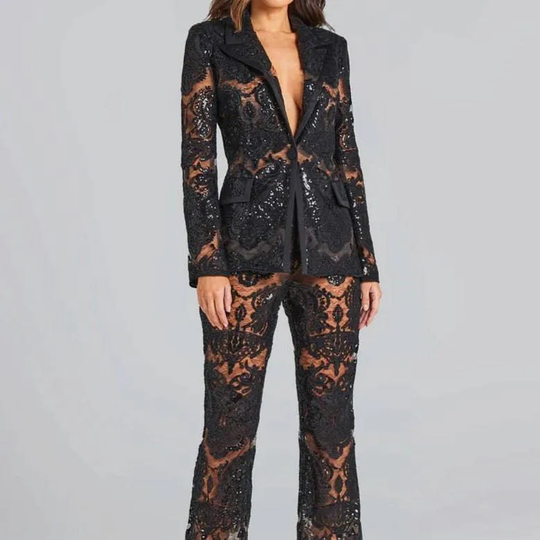 Leigh Lacework Sequined Blazer With Flare Pants