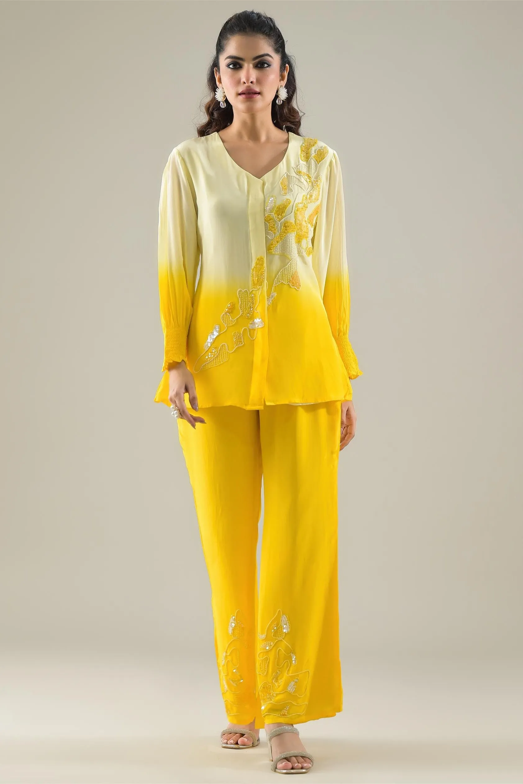 Lemon Yellow Ombre-Dyed Habutai Silk Palazzo Set