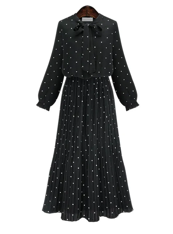 Long Sleeve Solid Black Chiffon Dot Loose Big Size Dress