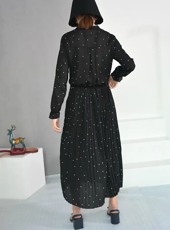 Long Sleeve Solid Black Chiffon Dot Loose Big Size Dress