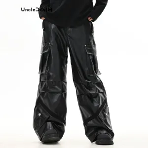 Men's High Street Pleated Leather Pants with Multiple Pockets