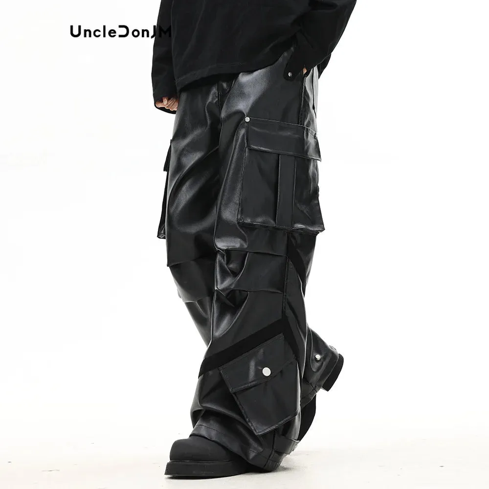 Men's High Street Pleated Leather Pants with Multiple Pockets