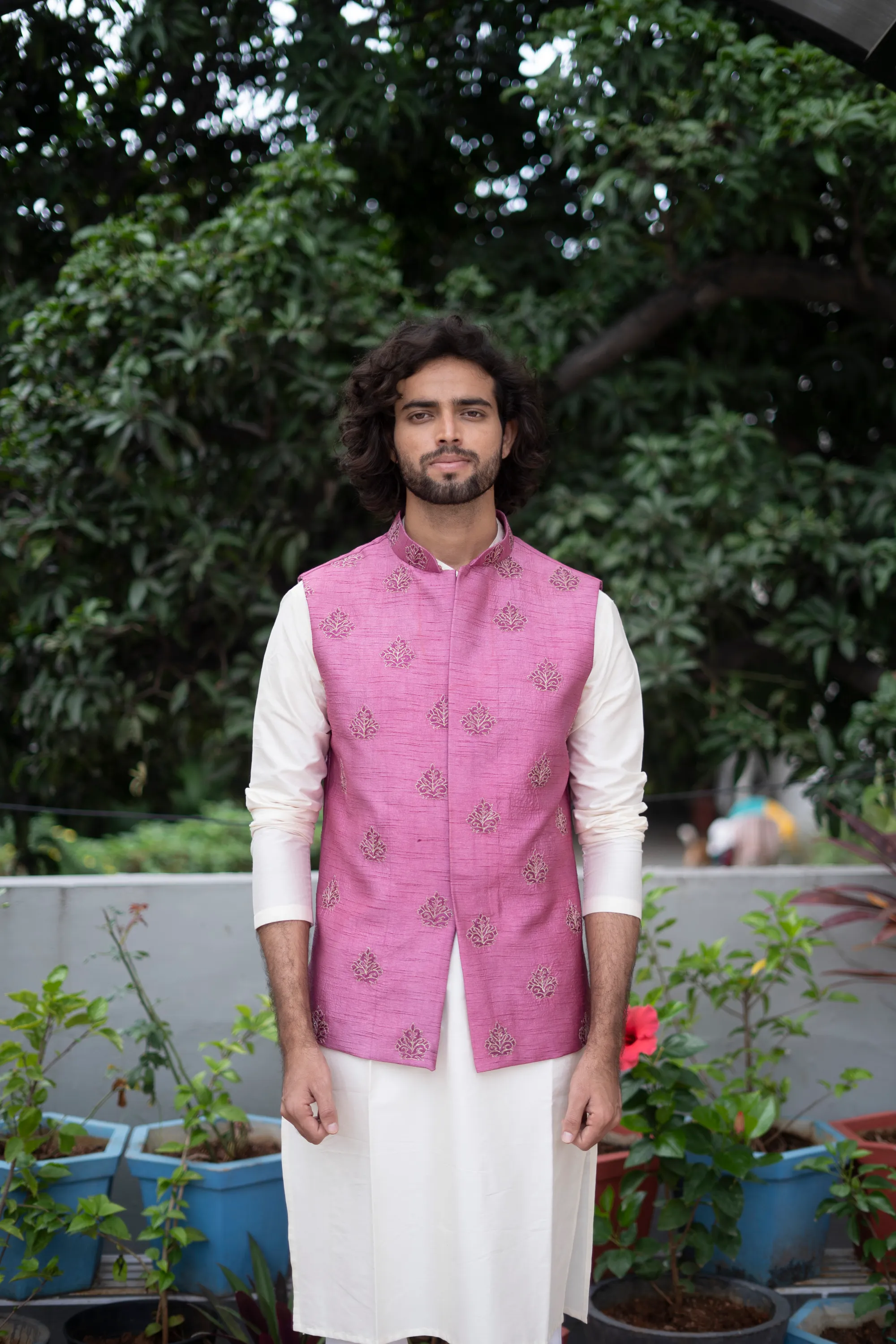 Men's Mauve Color Jacket With Kurta Pant Set - Hilo Design