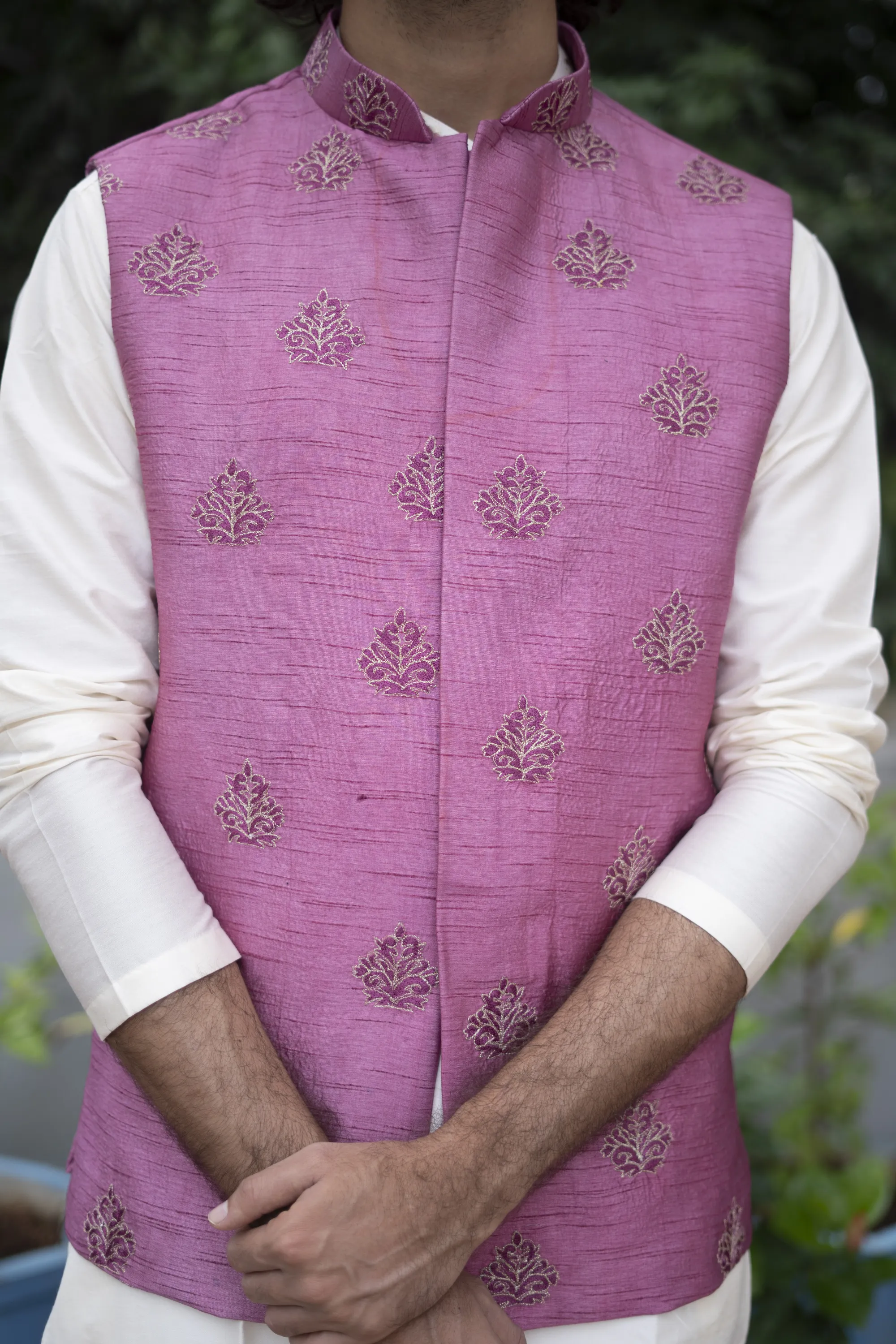 Men's Mauve Color Jacket With Kurta Pant Set - Hilo Design