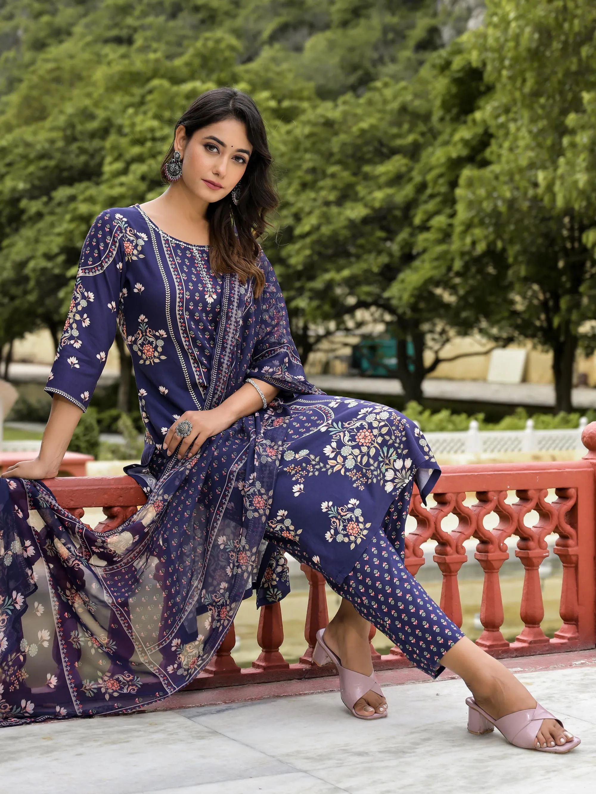 Navy Ethnic Motif Printed Liva Rayon Kurta Pant And Dupatta Set With Sequins Work