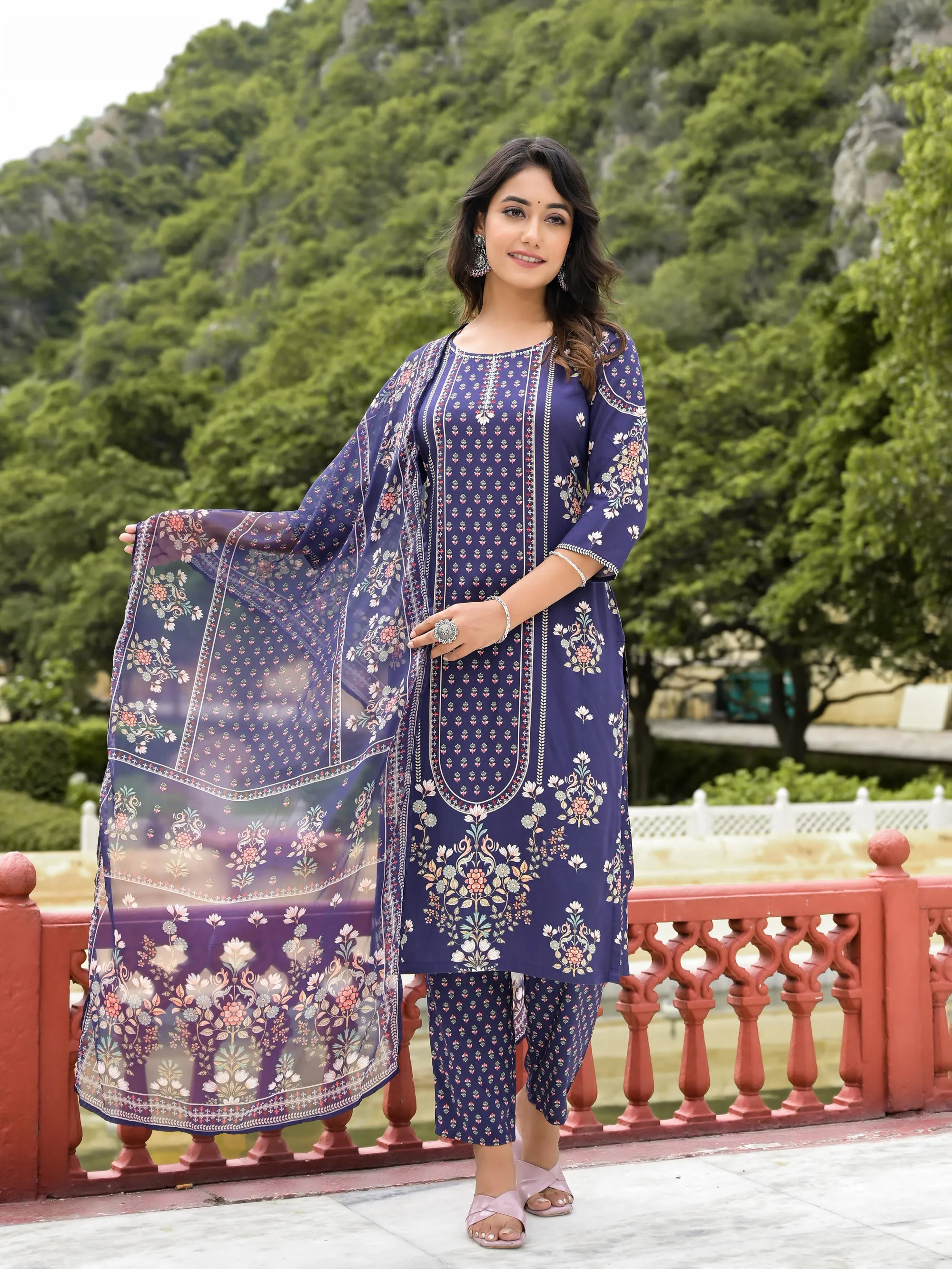 Navy Ethnic Motif Printed Liva Rayon Kurta Pant And Dupatta Set With Sequins Work