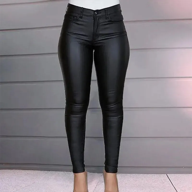 New High Waist Causal Leather Pants for Women PU Pants Black Straight Streetwear Waistband Decor Punk Chic Winter