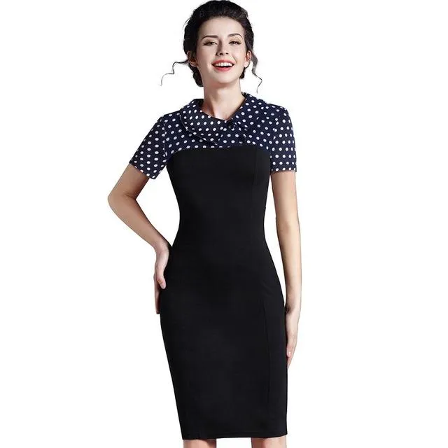 Nice-forever Elegant Vintage Fitted winter dress full Sleeve Patchwork Turn-down Collar Button Business Sheath Pencil Dress b238