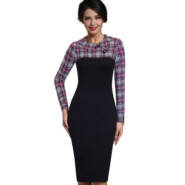 Nice-forever Elegant Vintage Fitted winter dress full Sleeve Patchwork Turn-down Collar Button Business Sheath Pencil Dress b238