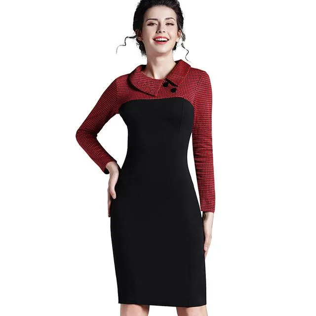 Nice-forever Elegant Vintage Fitted winter dress full Sleeve Patchwork Turn-down Collar Button Business Sheath Pencil Dress b238