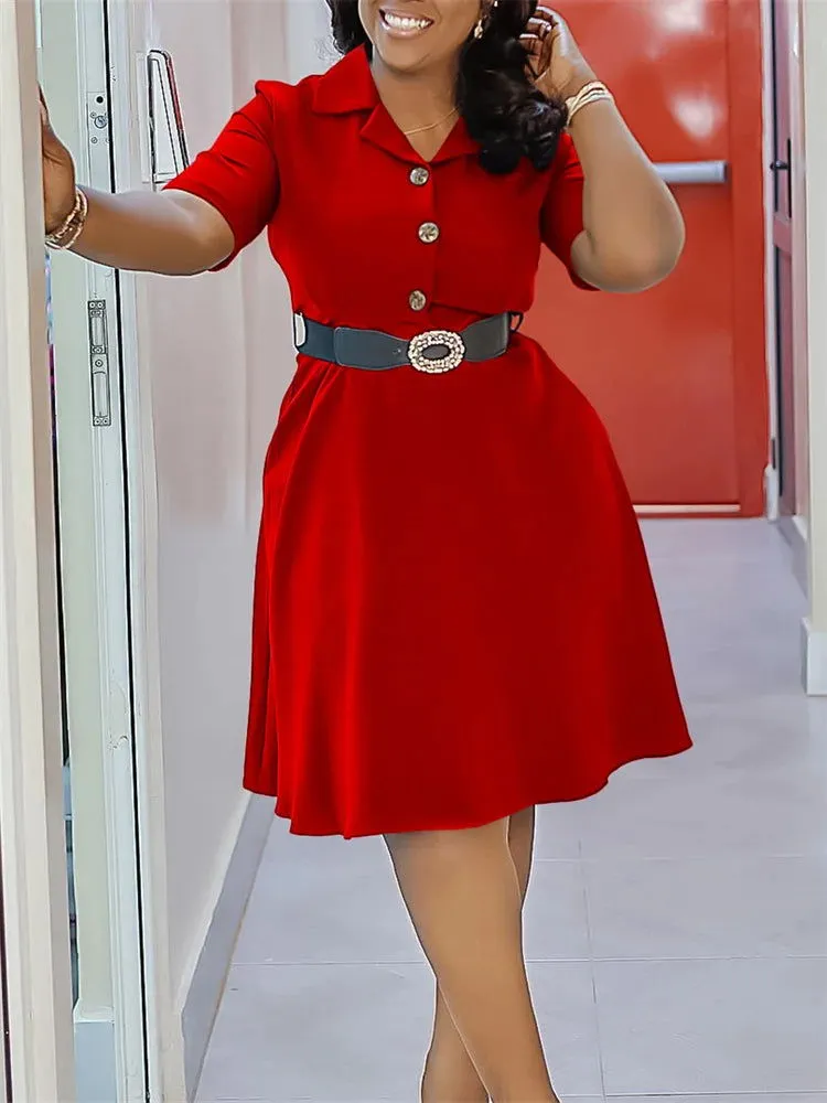 Office Lady Short Sleeve Turn Down Collar Dresses with Belt