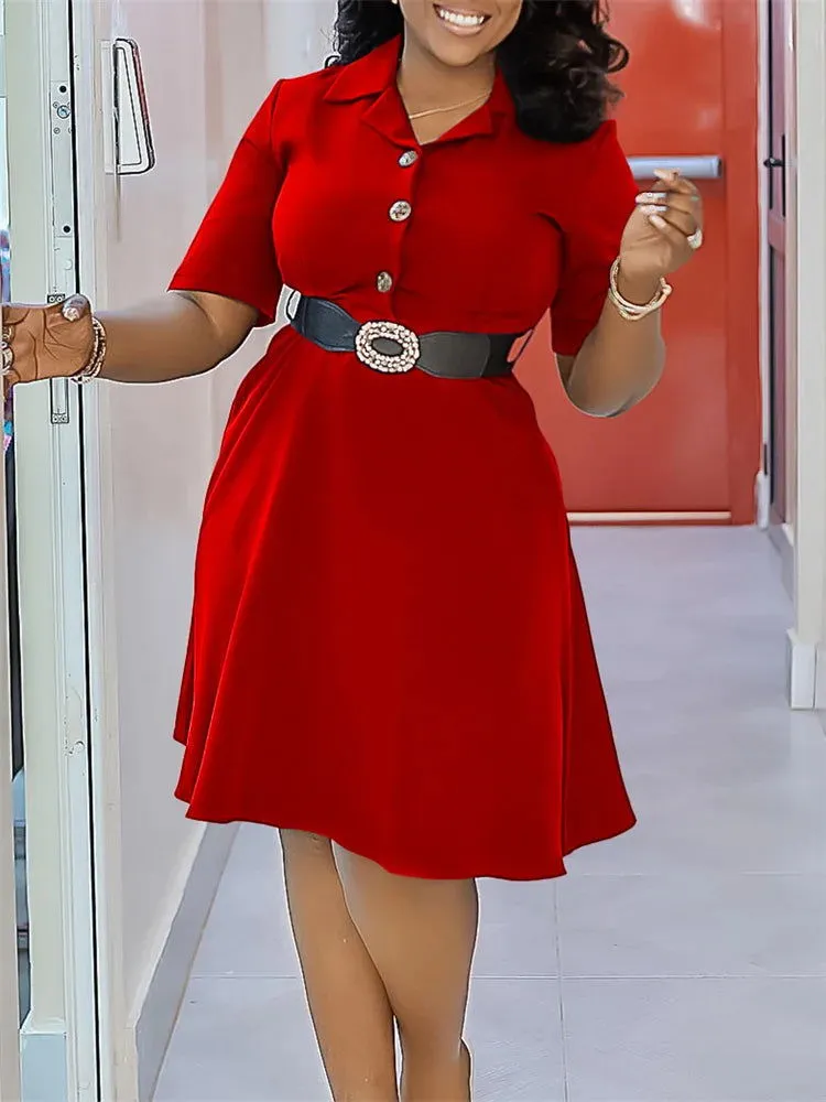 Office Lady Short Sleeve Turn Down Collar Dresses with Belt