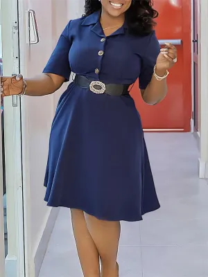 Office Lady Short Sleeve Turn Down Collar Dresses with Belt