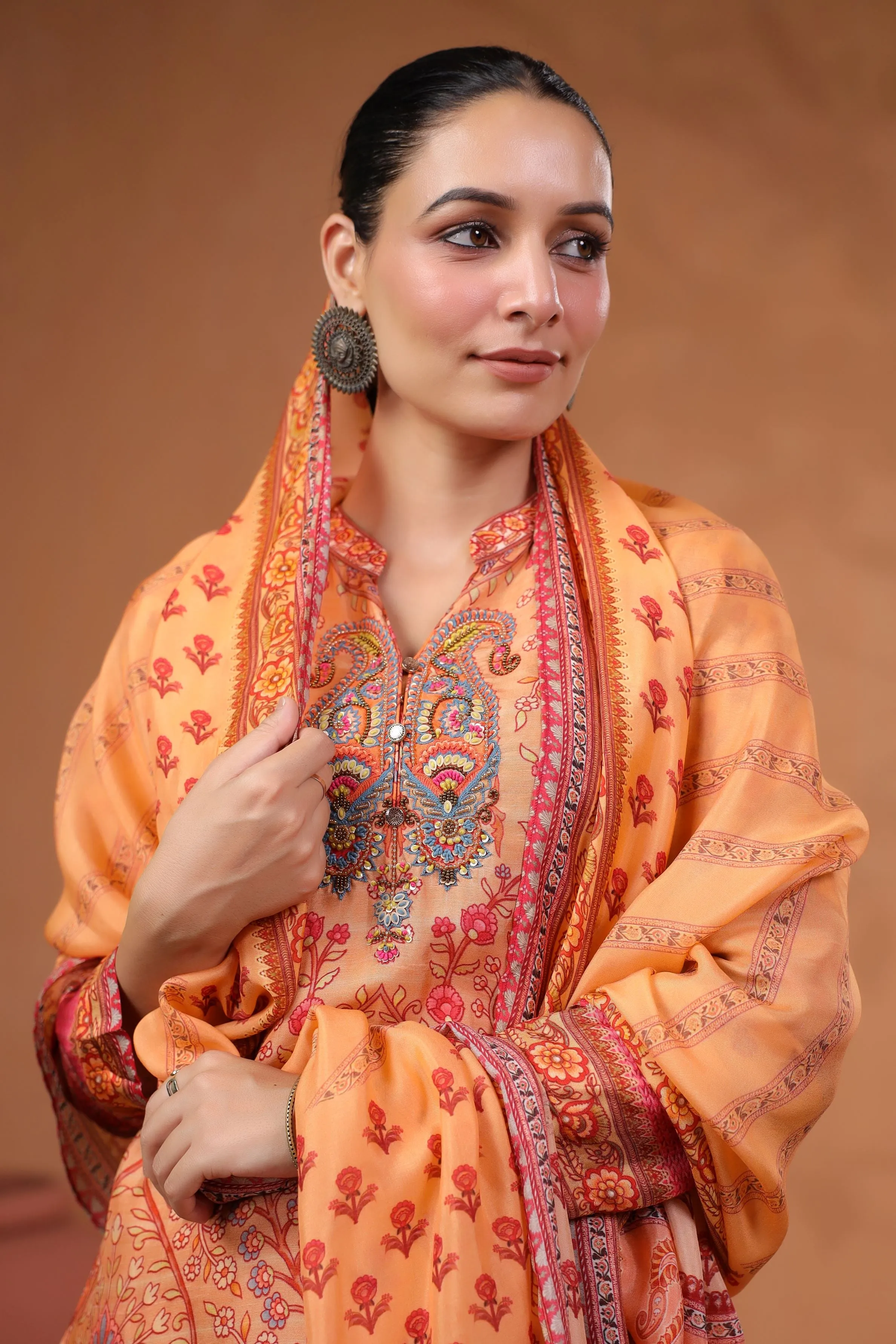 Pastel Orange Traditional Printed Tussar Silk Pants Set