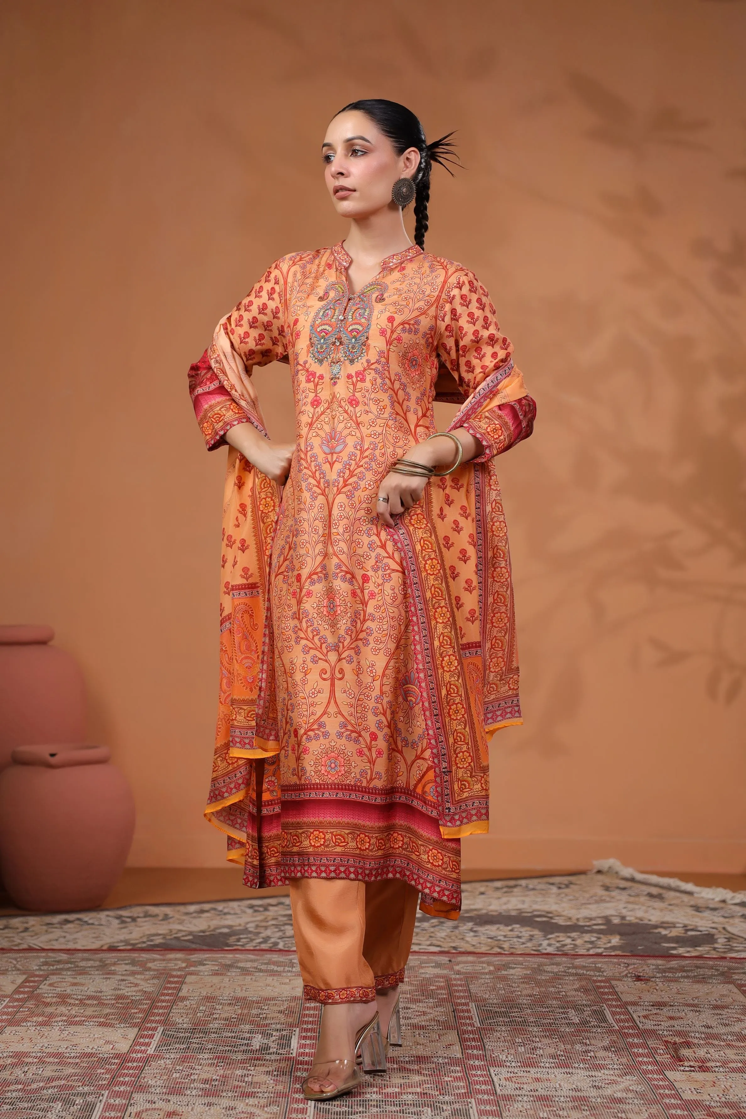 Pastel Orange Traditional Printed Tussar Silk Pants Set