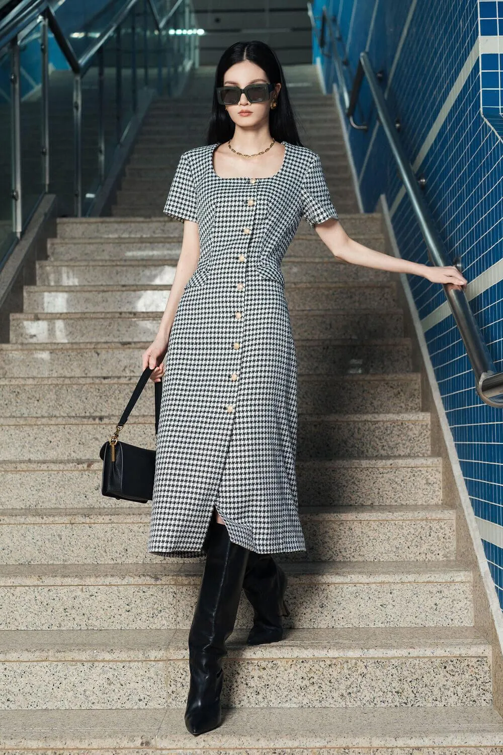 Pronce Sheath Button Tweed Midi Dress