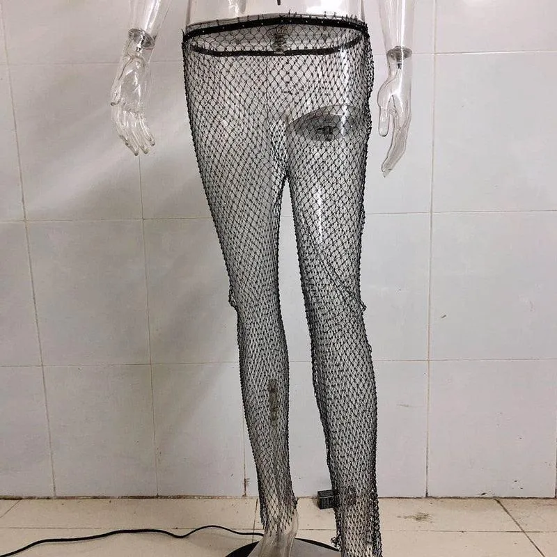 Rhinestone Studded Mesh Pants