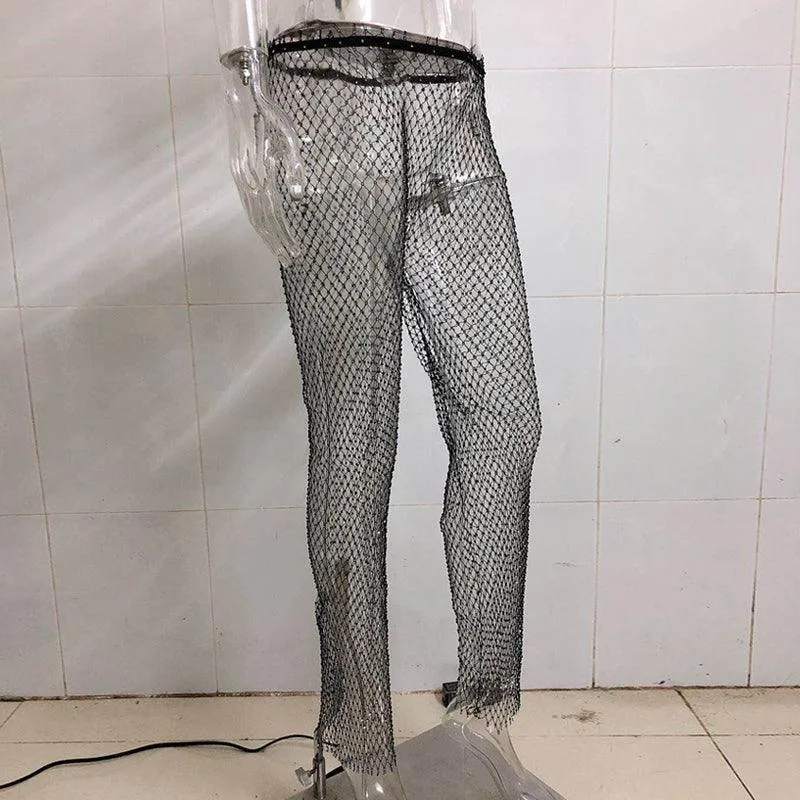 Rhinestone Studded Mesh Pants