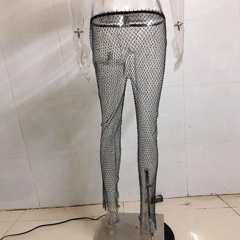 Rhinestone Studded Mesh Pants