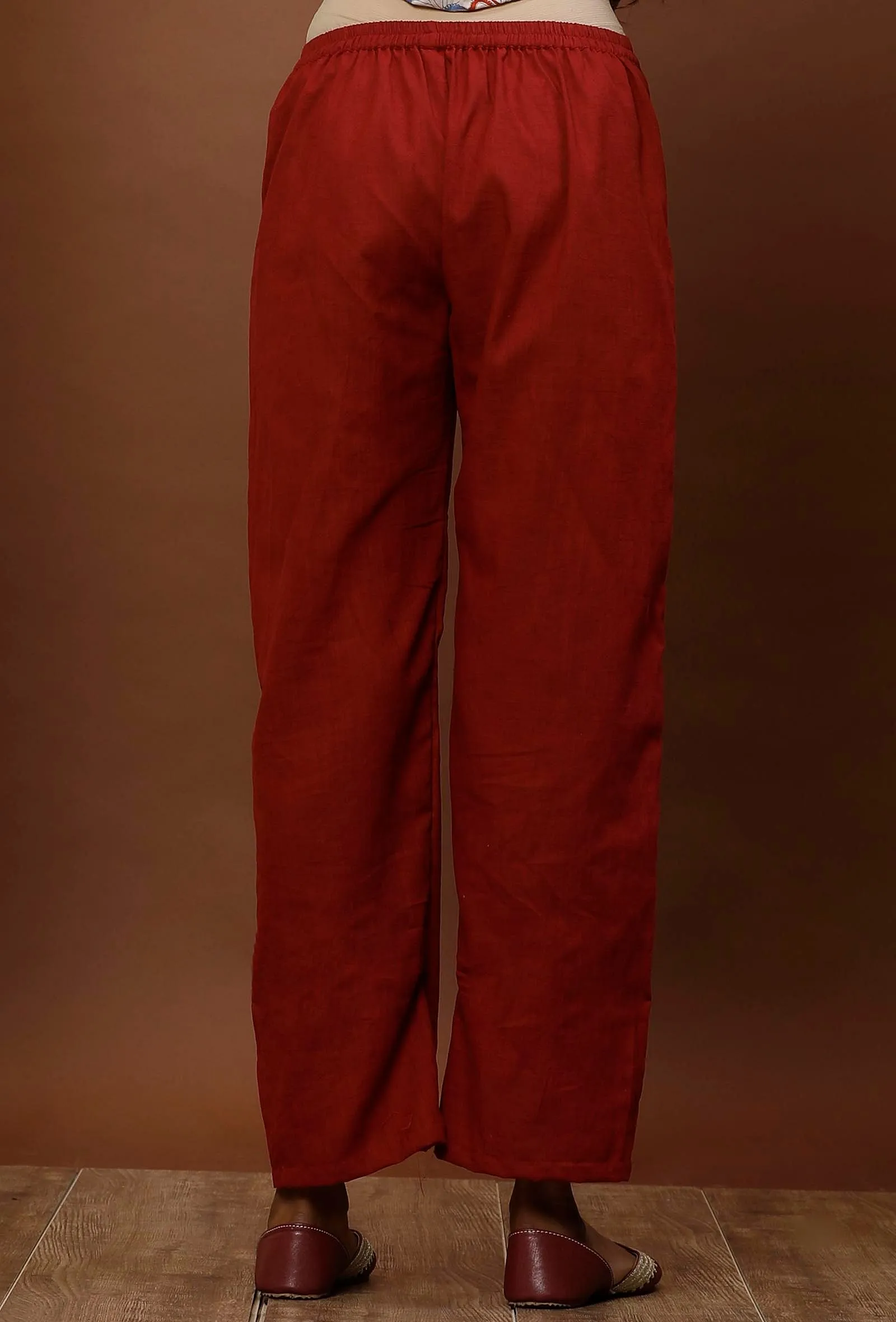 Rust Red Cotton Straight Pants